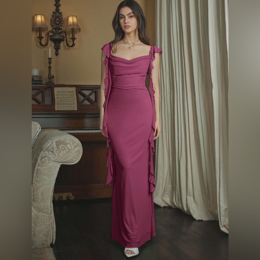 CIDER MAUVE MESH RUFFLE HEM MAXI DRESS